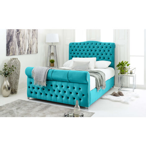 Maynard Teal Plush Velvet Matching Buttons Double Bed Frame