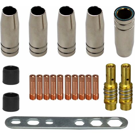 MB15 15AK MIG MAG Embouts de Contact de Buse de Soudage Consomable Kit (10 x Tube de Contact M6 0,8 mm, 5 x Buse, 2 x Connecteur, 2 x Isolant, 1 x Outil), 20 Pièces