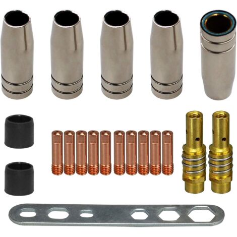 MB15 15AK MIG MAG Embouts de Contact de Buse de Soudage Consomable Kit (10 x Tube de Contact M6 0,8 mm, 5 x Buse, 2 x Connecteur, 2 x Isolant, 1 x Outil), 20 Pièces