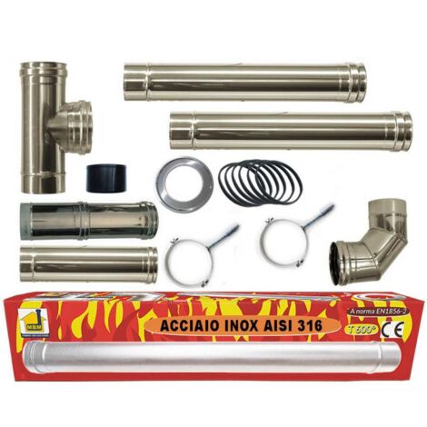 MBM – Conduit de fumée inox 80mm – Kit 2 éléments 1m + 1 élément télescopique – Acier 316L résistant à 600°C – Conforme UNI 1856-2