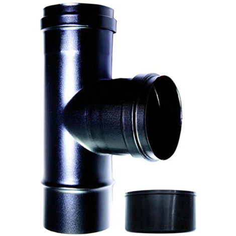 MBM – Raccord fumisterie T 90 mm DN 100 réduit 80 mm – Tube noir en acier émaillé 600°C – Joint silicone inclus – Conforme UNI EN 1856-2