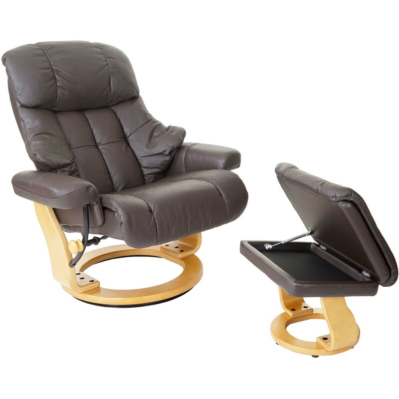 HHG - MCA fauteuil relax Calgary XXL, fauteuil de télé avec tabouret, cuir, charge 180kg ~ marron, brun naturel