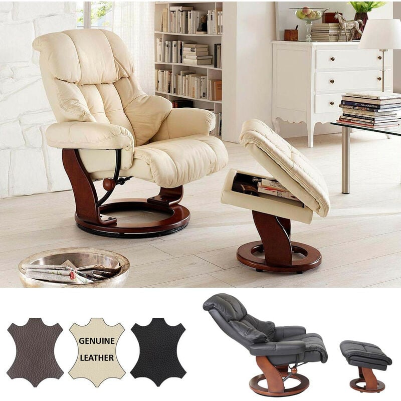 Mca fauteuil relax Calgary xxl, fauteuil de télévision avec tabouret, cuir, charge 180kg - noir, aspect noix