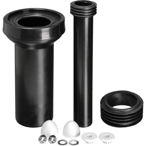 McAlpine FPKIT-3 WC Frame Connector Kit comprising WC Connector with 90mm plain end, 110mm outlet seal, flush pipe with finned seal connector and fixing bolts and caps.