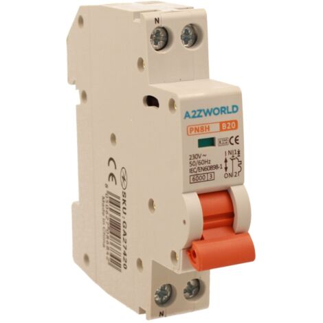 MCB Interruttore Magnetotermico Automatico Curva B 1P+N 1M 6000A B20A AC 230V IP20 IEC60898-1 PN8H