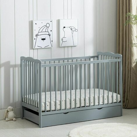 MCC Brooklyn Baby Cot Crib with Water repellent Mattress & Wheeled Drawer GREY