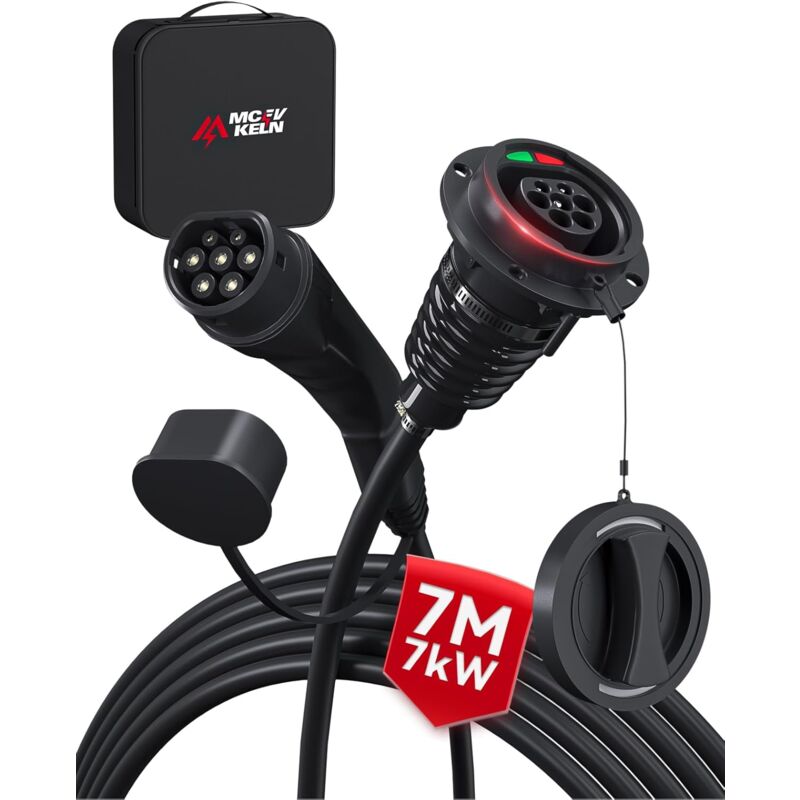 Mcevkeln - Mennekes Rallonge de charge type 2 ev 7 kW 32 a Câble d'extension de 7 m Monophasé pour véhicule électrique Mennekes Connecteur de charge