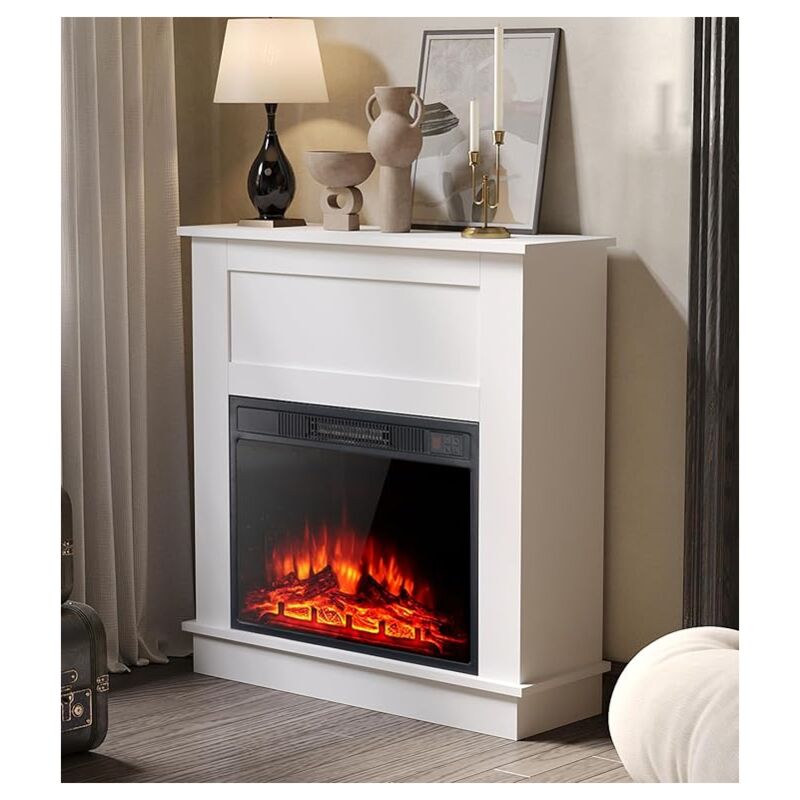 Cheminée électrique blanche avec corps encastré de 23 pouces, manteau, contrôle intelligent de la température et de la couleur des flammes, étagères