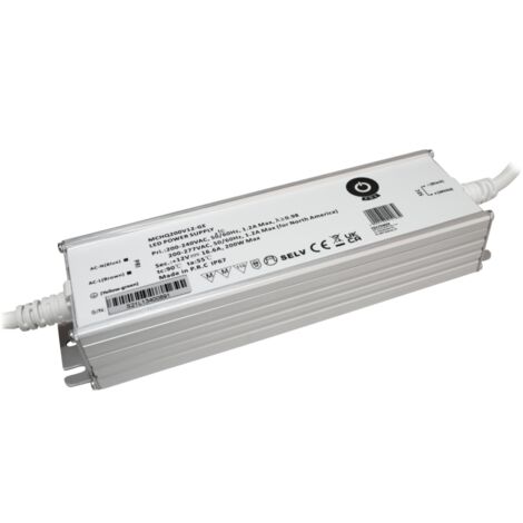 MCHQ200V12-GE : Alimentation LED 12 V/16,67 A 200 W CV, boîtier métallique, PFC, entrée CA UE (180-305 V CA), IP67, ...