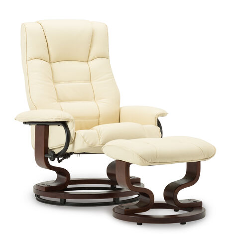 MCombo Relaxsessel mit Hocker, 360°drehbarer Fernsehsessel mit Liegefunktion, bis 120 Kg belastbarer TV-Sessel, moderner Ruhesessel für Wohnzimmer, Kunstleder, 9019 (Weiß-Kunstleder)