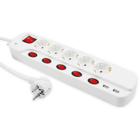 MCPOWER Steckdosenleiste, 5-fach, 2xUSB, Einzelschaltung, 1,5 m Zuleitung, weiß