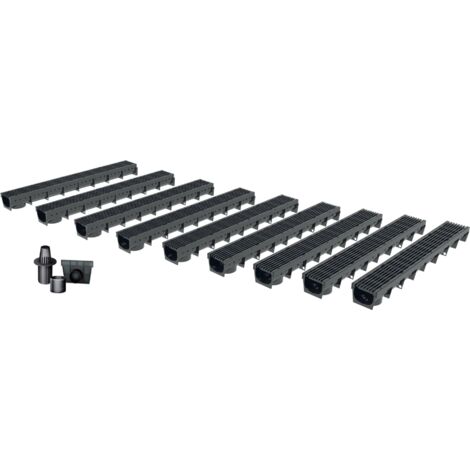 MEA – Caniveau d'évacuation extérieur 1m – Grille en plastique recyclé noir – Largeur utile 10cm – Résistance classe A15 – Installation rapide