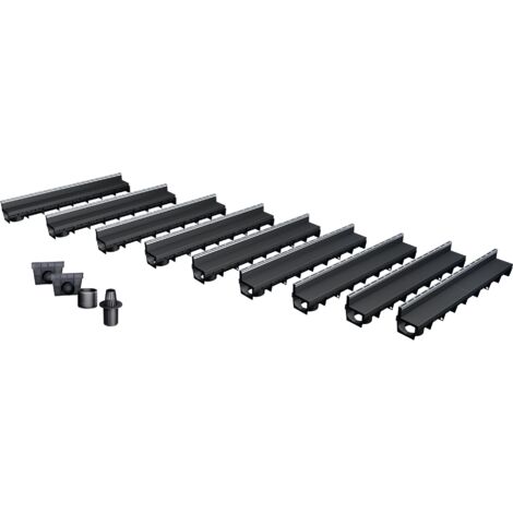MEA – Pack de 9 caniveaux à fente en PP recyclé – Drainage classe A15 – Accessoires inclus – E-Blade R en inox pour extérieur