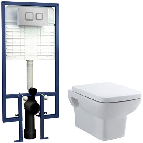 Meaford Soft Square Wall Hung Toilet Pan, Soft Close Seat & Concealed Cistern with Square Push Button Plate, 360mm - Balterley