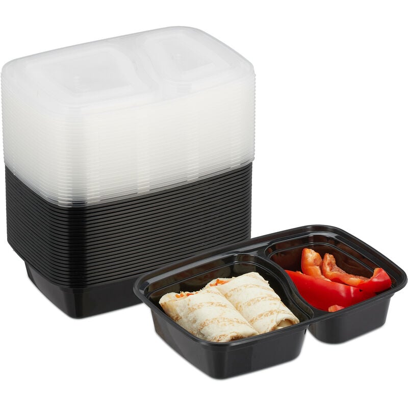 Relaxdays - Meal prep container en lot de 24, 2 compartiments, boite adaptée au micro-ondes, réutilisable, plastique, noir
