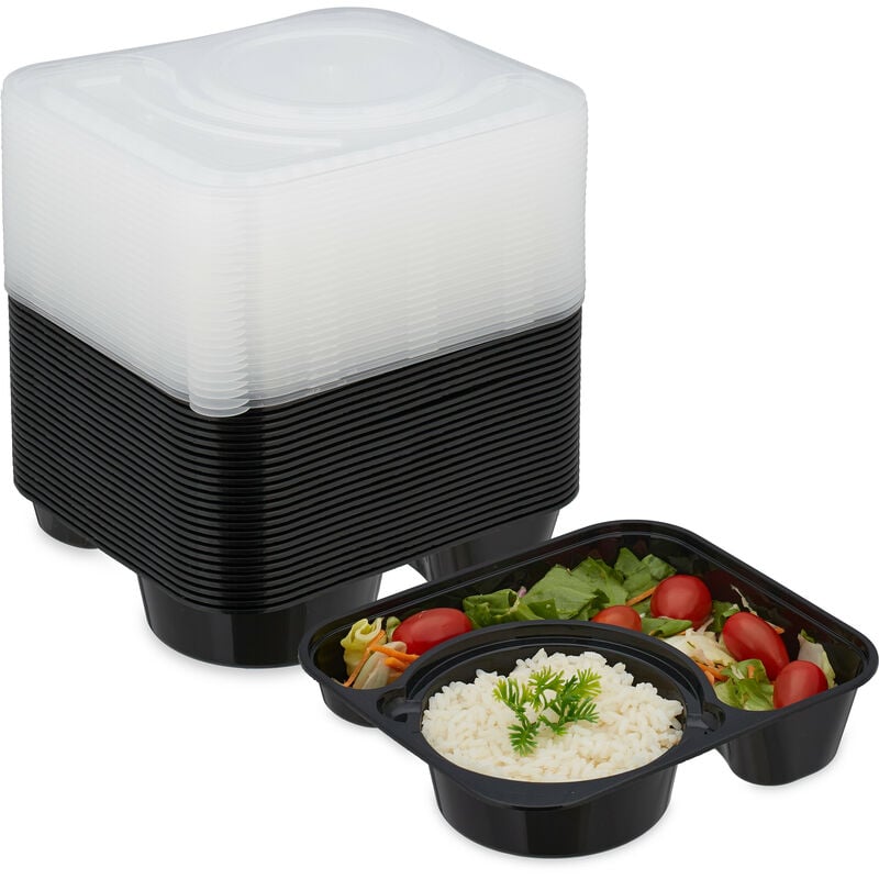Relaxdays - Meal prep container en lot de 24, 2 compartiments, boite adaptée au micro-ondes, réutilisable, plastique, noir