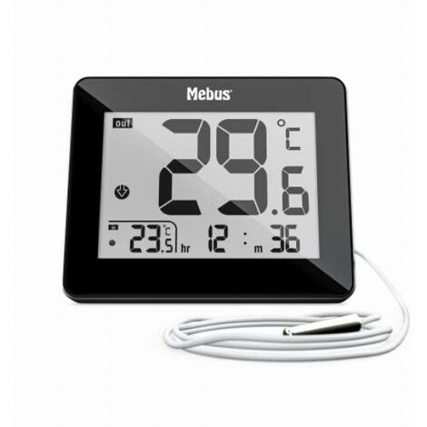 MEBUS digitales Thermometer Innen und Außen mit kabelgebundenem Außensensor, Uhrzeit, Min/Max-Werte, Farbe: Schwarz, Modell: 48432