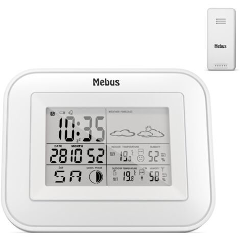 MEBUS Funk-Wetterstation mit Außensensor, Komfortindikator, Temperatur, Luftfeuchtigkeit (innen und außen), Raumthermometer, Wettervorhersage, Mondphasen, Farbe: Weiß, Modell: 40649