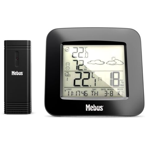 MEBUS Funk-Wetterstation mit Außensensor Thermometer Hygrometer Wettervorhersage Mondphasen Wettertrend, Alarm mit Weckwiederholung, Kalender/Material: Kunststoff/Farbe: Schwarz/Modell: 40715