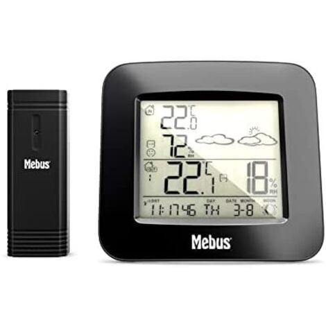 MEBUS Funk-Wetterstation mit Außensor Thermometer Hygrometer Wettervorhersage Mondphasen Wettertrend, Alarm mit Weckwiederholung, Kalender/Material : Kunststoff/Farbe : Schwarz/Modell : 40715