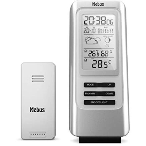 MEBUS funkgesteuerte Wetterstation mit Außensensor, Thermometer, Hygrometer, Funkuhr, Wohlfühlindikator bewertet Raumklima, Wettervorhersage, Mondkalender, Wecker, Farbe: Silber, Modell: 40627