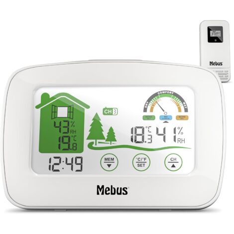 MEBUS funkgesteuerte Wetterstation mit Außensensor, Thermometer/Hygrometer (innen/außen), Wohlfühlindikator bewertet Raumklima, Min-/Max-Funktion, Beleuchtung, Wecker, Farbe: Weiß, Modell: 40903