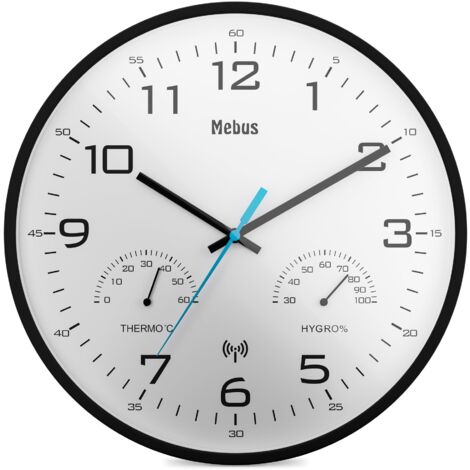 Mebus Orologio da parete radiocontrollato moderno con indicatore di temperatura e umidità, 30 cm, orologio radio soggiorno, orologio da cucina/modello: 52840 / colore: nero