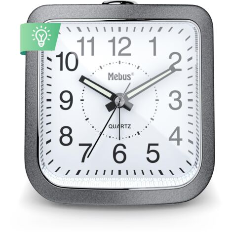 Mebus Réveil de Quartz, silencieux, sans contact, aiguilles lumineuses, alarme avec répétition de Alarme, répétition de Alarme, cadran éclairé avec bouton unique Push, couleurs gris et argent,
