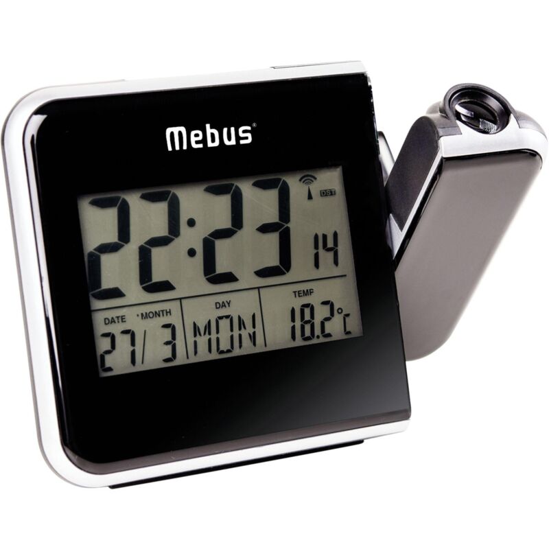 Mebus Réveil sans fil avec projection et thermomètre, plastique, noir.