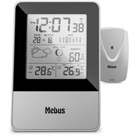 MEBUS Stazione meteo radiocomandata con sensore esterno, termometro, igrometro (esterno), orologio radio, indicatore di benessere della stanza, previsioni meteo con simboli, calendario lunare, colore: