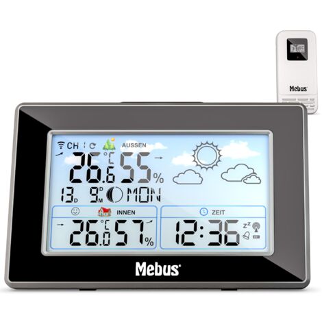 MEBUS Stazione meteo radiocomandata con sensore esterno, termometro/igrometro, orologio radio, indicatore di benessere valutato clima ambiente, previsioni meteo, calendario lunare, sveglia, colore:
