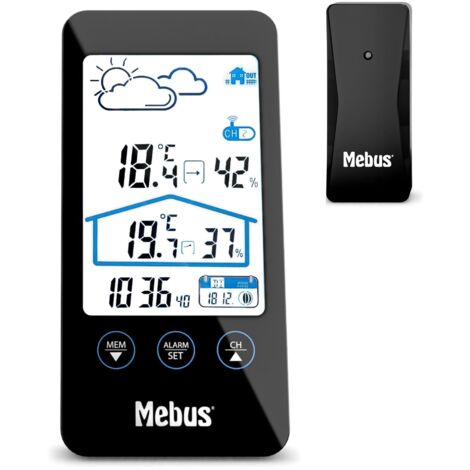 MEBUS Wetterstation mit Außensensor, zeigt Temperatur und Luftfeuchtigkeit innen und außen, mit Wettervorhersage und Mondphasen, Displaybeleuchtung, Wecker/Farbe: Schwarz/Modell: 11908, Höhe: 16 cm