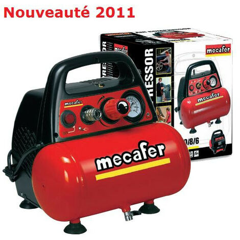 Mecafer – Compresseur 6 litres 1.5Hp monophasé 230V – Débit d'air élevé – Fonctionnement sans huile – Équipé d'un manomètre ergonomique