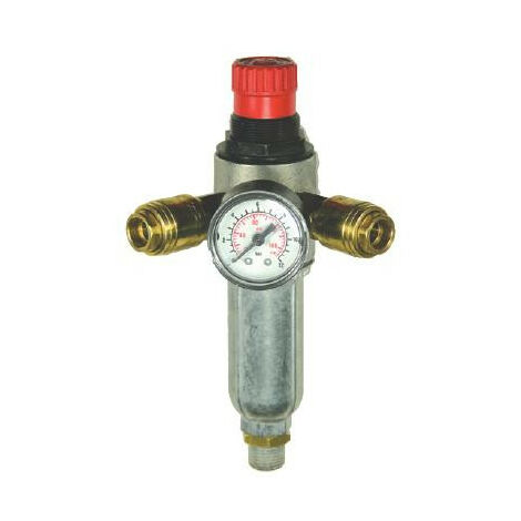 Mecafer – Détendeur et filtre 0-12 bars – Manomètre double graduation bar/PSI – 2 sorties rapides 3/8'M – Filtration efficace pour compresseur