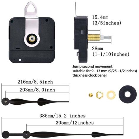 Mécanisme d'Horloge - Long Axe (28mm) à Couple Élevé pour Aiguilles Jusqu'à 30,5 cm - Noir