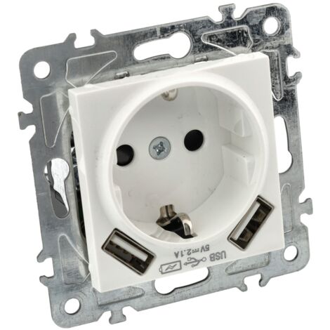 Mecanismo Enchufe Schuko 16A con 2 USB 5V 2.1A Policarbonato Blanco