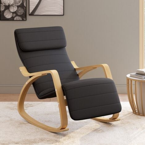 IDMARKET Mecedora CLYDE, mecedora con reposapiés de madera de haya y cojín de tela gris