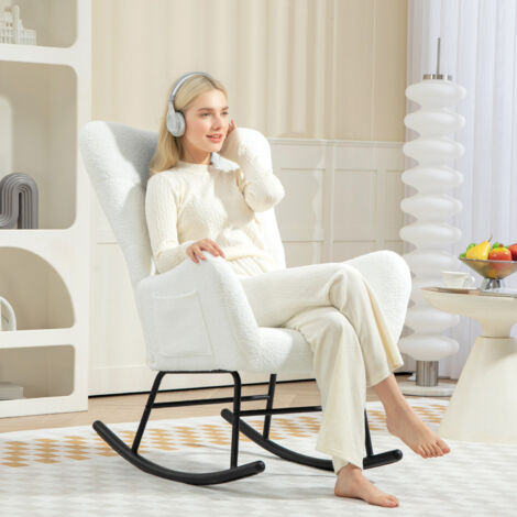 Mecedora con cojines blancos, 1 bolsillo lateral, sillón reclinable, tela peluche, para salón o dormitorio