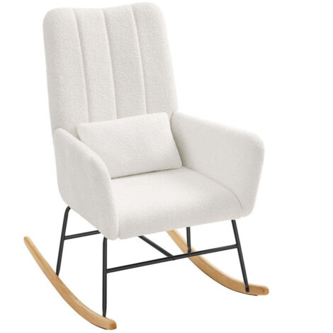 Mecedora con reposabrazos superficie de tela afelpada estructura de acero patas de madera de caucho capacidad de carga 160 kg para dormitorio sala de estar color blanco crema 120006070