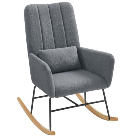 Mecedora con reposabrazos superficie de tela afelpada estructura de acero patas de madera de caucho capacidad de carga 160 kg para dormitorio sala de estar gris 120006071