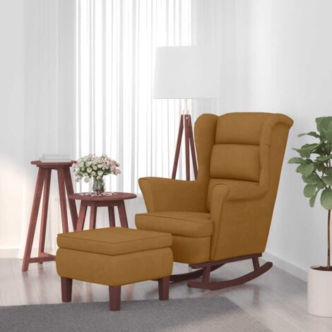 Mecedora con respaldo alto de terciopelo marrón y madera maciza