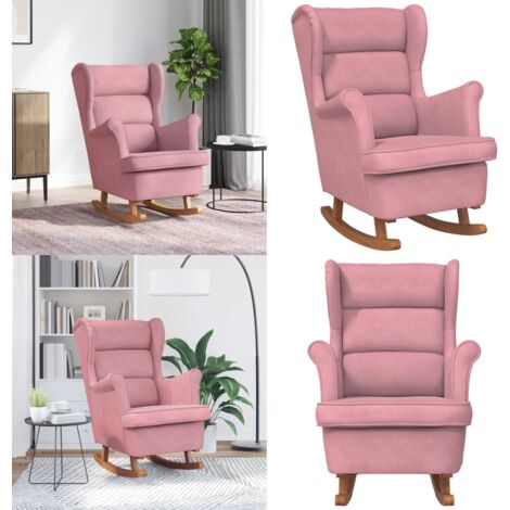 Mecedora con respaldo alto de terciopelo rosa y madera maciza - Mecedora de terciopelo - Silla de salón