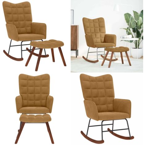 Mecedora con taburete de terciopelo marrón - Reposapiés - Silla de descanso