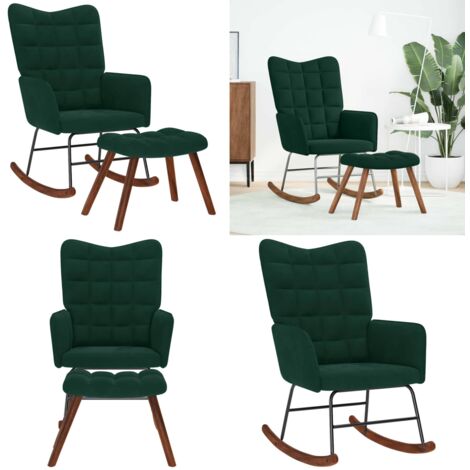Mecedora con taburete de terciopelo verde oscuro - Mecedora con taburete - Silla de terciopelo