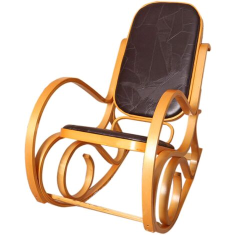 Mecedora de madera clara con asiento de cuero marrón FAB040008