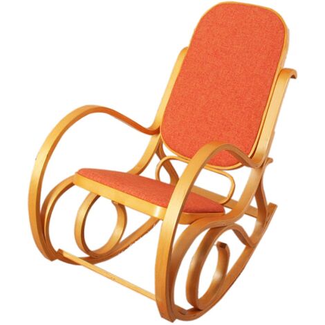 Mecedora de madera clara con asiento de tela naranja FAB04007