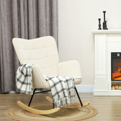 Mecedora de terciopelo sintético con reposabrazos rieles deslizantes de madera apta para sala de estar o dormitorio color beige