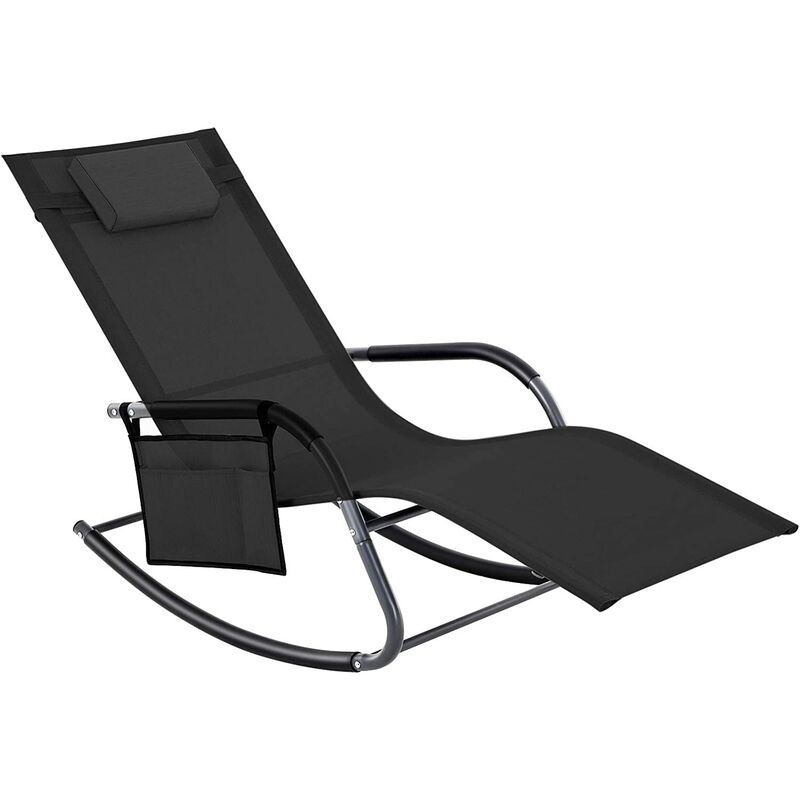 

Tumbona, Silla de Jardín, Mecedora con Reposacabezas y Bolsillo Lateral, Estructura de Hierro, Tejido Transpirable, Cómoda, Máx. Capacidad de Carga