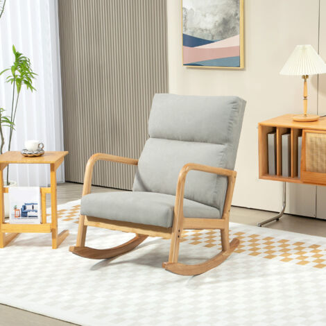 Mecedora Tapizada en Lino Silla Mecedora con Patas de Madera de Caucho y Reposabrazos Carga 150 kg Gris