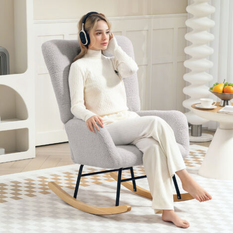 Mecedora,sillón mecedor con reposabrazos textura aterciopelada reclinable con riel deslizante de madera gris claro
